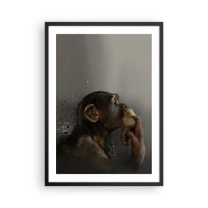 Affisch i svart ram - Porträtt av en tänkande apa i mjuka gråtoner med en abstrakt bakgrund - 50x70cm - Säkert en tänkare - Modern väggdekoration för vardagsrum och sovrum ARTTOR