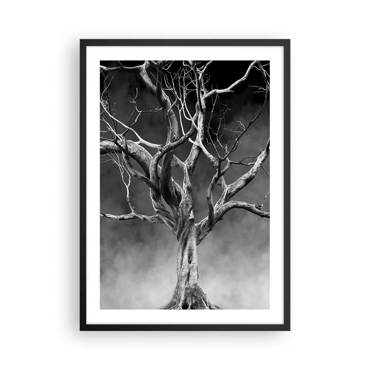 Affisch i svart ram - Svartvit bild av ett träd mot en bakgrund av dimma - 50x70cm - Ursprungligt och heligt - Modern väggdekoration för vardagsrum och sovrum ARTTOR
