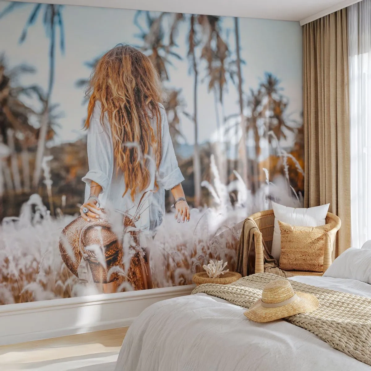 Fototapet Premium Sand - Född ur gräsdun - Kvinna, Årgång, Boho - 100x70 cm