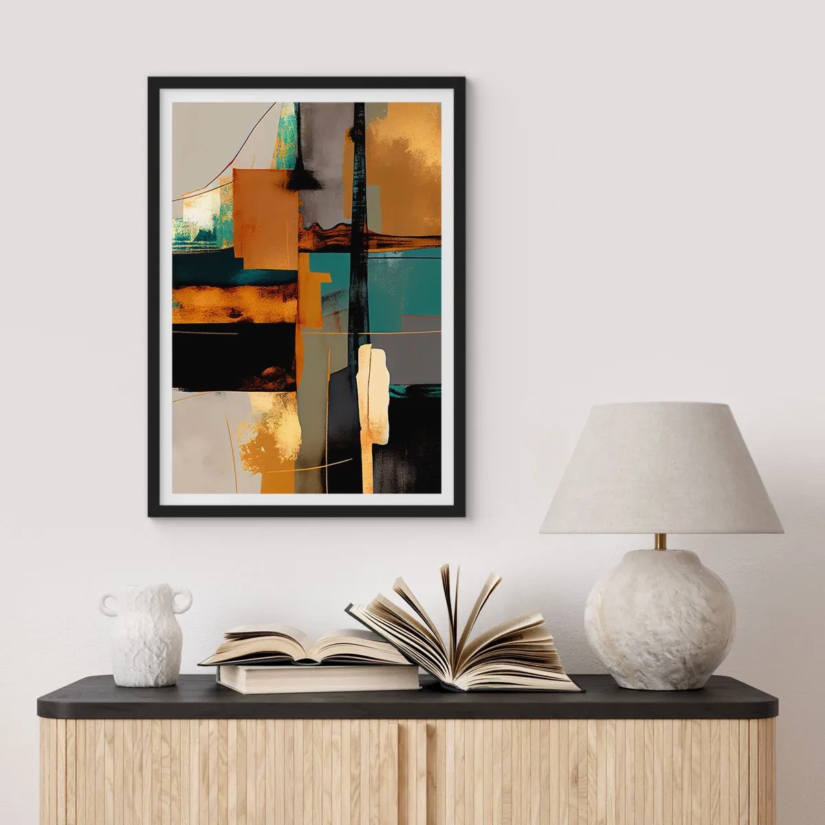 Affisch i svart ram - En abstrakt komposition i nyanser av guld och turkos - 50x70cm - Abstraktion - ljus och skugga - Modern väggdekoration för vardagsrum och sovrum ARTTOR