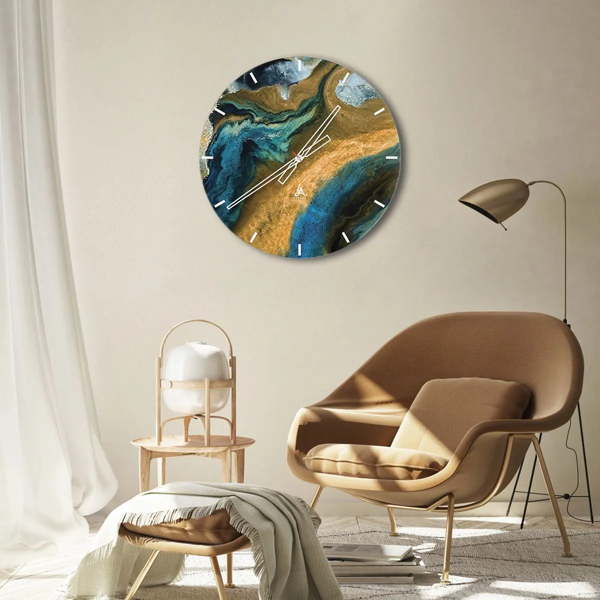 Väggklocka - Klocka på glas - Blå – gul – ömsesidiga influenser - 40x40 cm