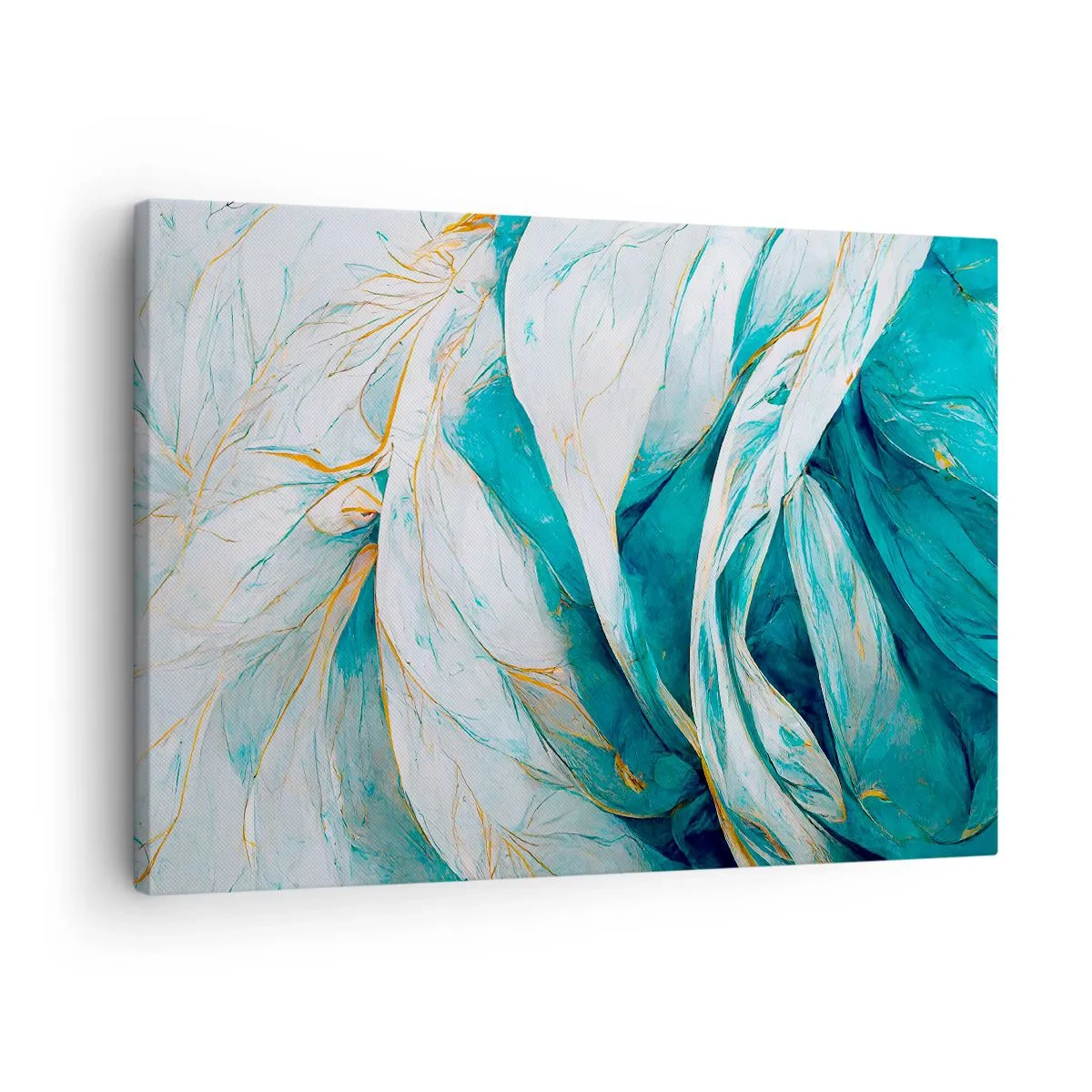 Canvastavla - Bild på duk - Abstrakta blå blad med gulddetaljer - 70x50cm - Blå abstraktion med guldmotiv - Modern väggdekoration för vardagsrum och sovrum ARTTOR