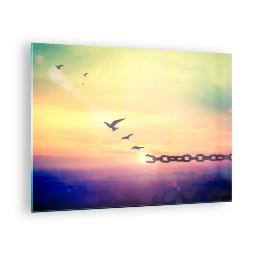Glastavla - Bild på glas - Fåglar i flykt mot bakgrund av en kedja och en solnedgång - 70x50cm - Frihetens seger - Modern väggdekoration för vardagsrum och sovrum ARTTOR