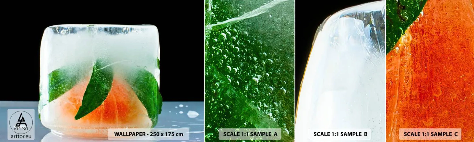 Fototapet Prov Standard Eco - Fräschhet och svalka - Isbit, Orange, Mintlöv - 100x30 cm