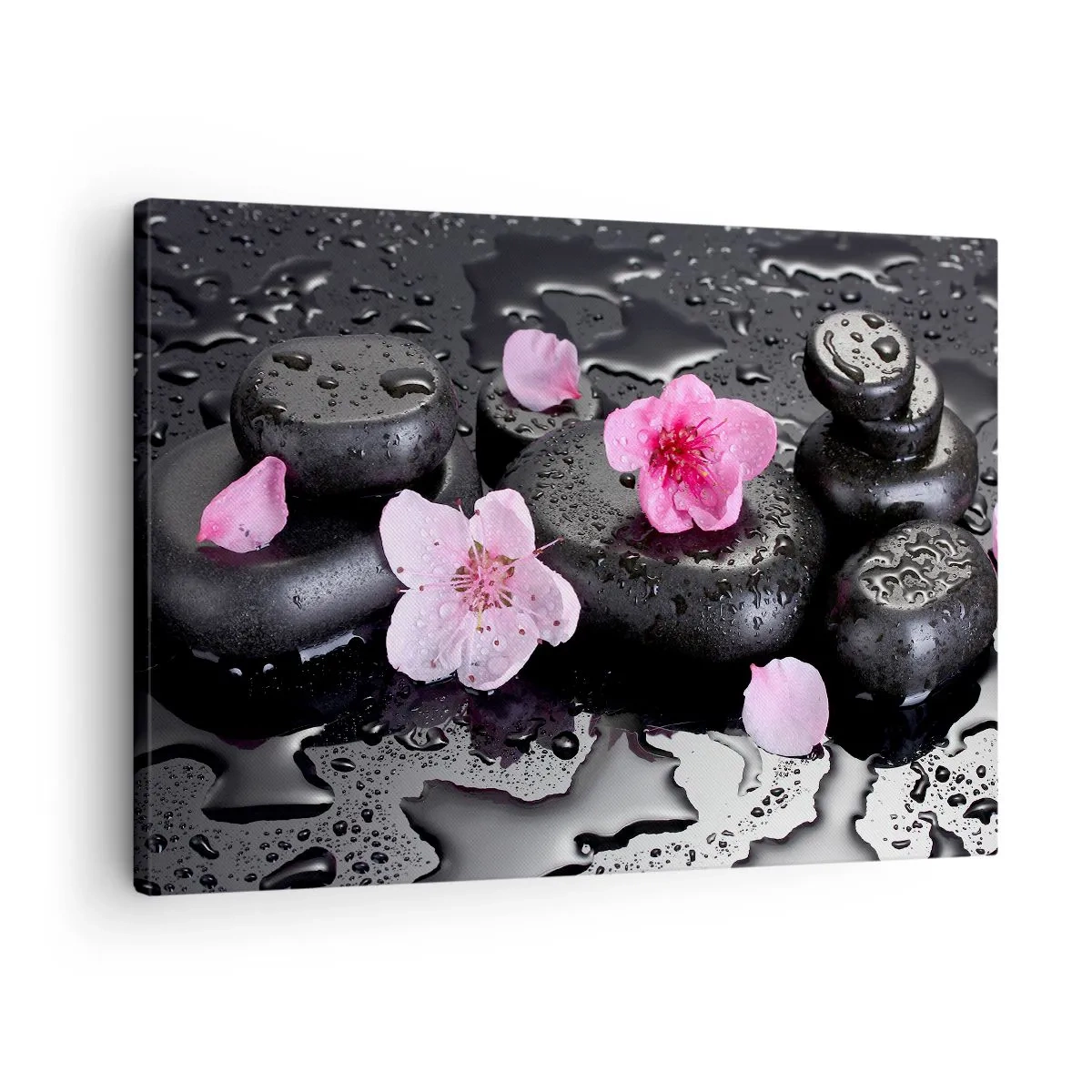 Canvastavla - Bild på duk - Svarta stenar och rosa blommor i spa-stil - 70x50cm - Så faller en sten från hjärtat - Modern väggdekoration för vardagsrum och sovrum ARTTOR