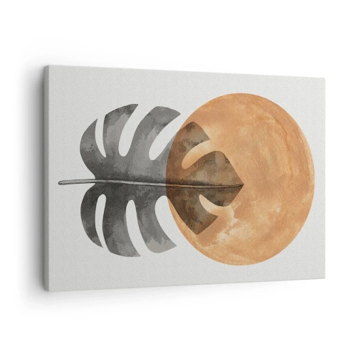 Canvastavla - Bild på duk - Monsterablad och guldcirkel på en ljus bakgrund - 70x50cm - Alltid solen - Modern väggdekoration för vardagsrum och sovrum ARTTOR