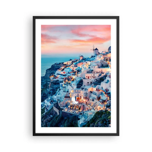 Affisch i svart ram - Pittoresk utsikt över de upplysta husen på Santorini vid solnedgången - 50x70cm - Din stora grekiska semester - Modern väggdekoration för vardagsrum och sovrum ARTTOR