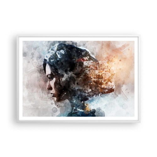 Affisch i vit ram - Berättelse om en tjej med en stad i bakgrunden - 100x70 cm
