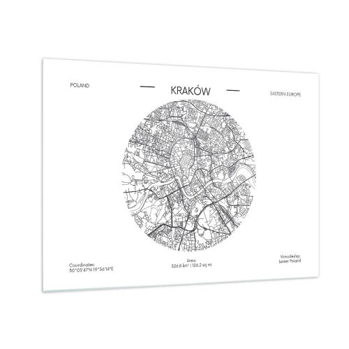 Glastavla - Bild på glas - En karta över Krakow i svartvit illustrationsstil - 70x50cm - Krakóws anatomi - Modern väggdekoration för vardagsrum och sovrum ARTTOR