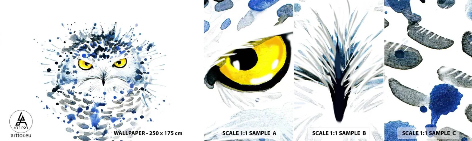 Provbit av självhäftande fototapet Deluxe Sticker - Rakt in i ögonen - Fågel, Uggla, Djur - 100x30 cm