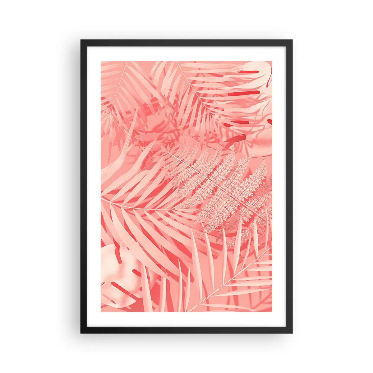 Affisch i svart ram - Rosa ormbunke och palmblad på en pastellfärgad bakgrund - 50x70cm - Rosa koncept - Modern väggdekoration för vardagsrum och sovrum ARTTOR
