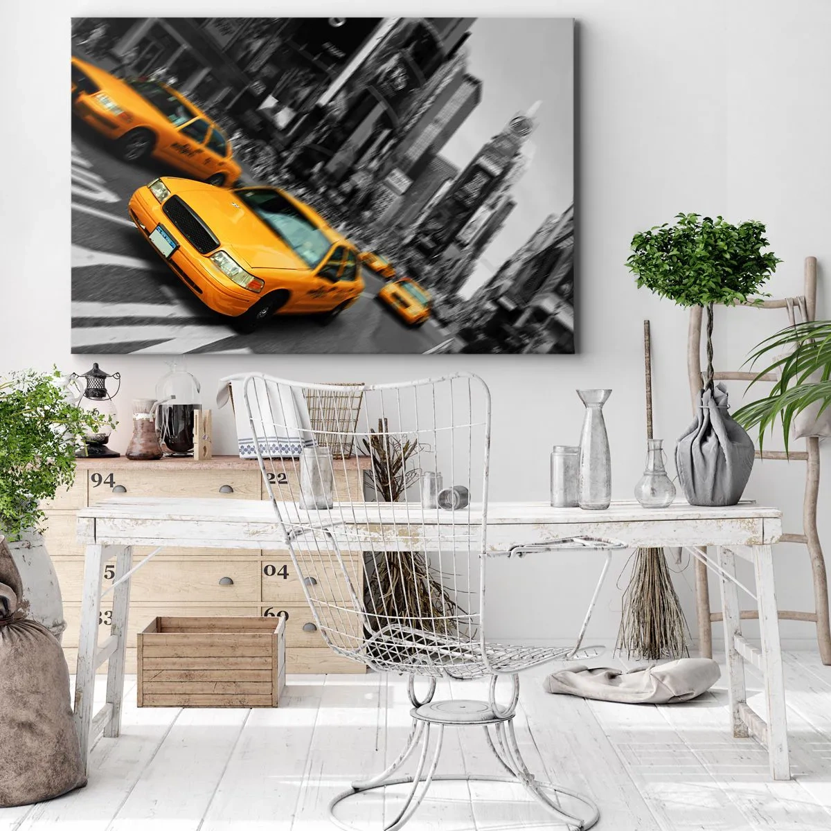 Canvastavla - Bild på duk - Gula taxibilar vid en livlig stadskorsning - 70x50cm - New Yorks soldroppar - Modern väggdekoration för vardagsrum och sovrum ARTTOR