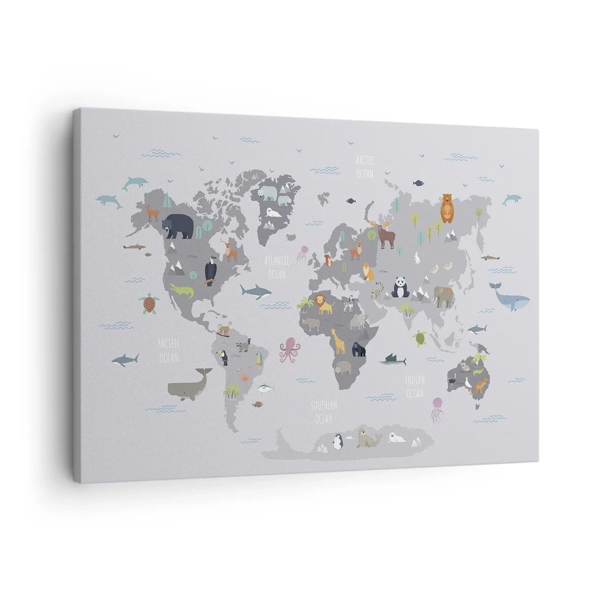Canvastavla - Bild på duk - En världskarta med djurillustrationer mot en grå bakgrund - 70x50cm - Säg varifrån du är... - Modern väggdekoration för vardagsrum och sovrum ARTTOR