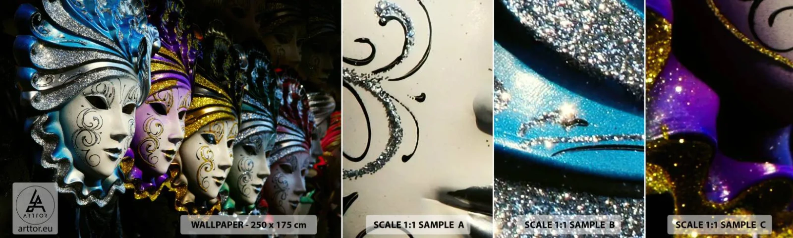 Fototapet Prov Standard Eco - Hemlighet i guld och i silver - Venetiansk mask, Venedig, Karneval - 100x30 cm