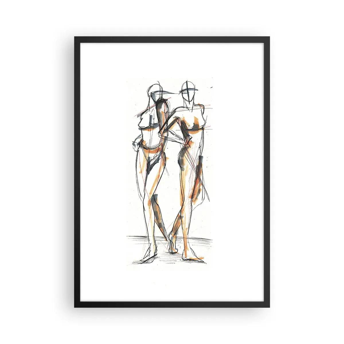 Affisch i svart ram - Abstrakt skiss av två figurer i varma färger. - 50x70cm - Charmens studie - Modern väggdekoration för vardagsrum och sovrum ARTTOR