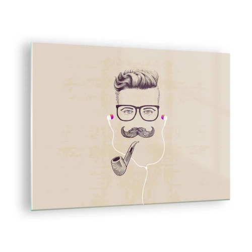 Glastavla - Bild på glas - En teckning av en stiliserad man med glasögon, mustasch och pipa. - 70x50cm - Riktig man? - Modern väggdekoration för vardagsrum och sovrum ARTTOR