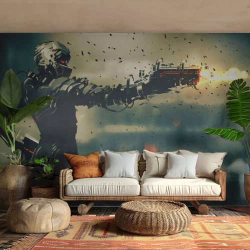 Fototapet Standard Eco - Cybernetisk krigare med ett vapen i en futuristisk värld - 100x70cm - Dödlig vapen - din egen Terminator - Modern väggdekoration för vardagsrum och sovrum ARTTOR
