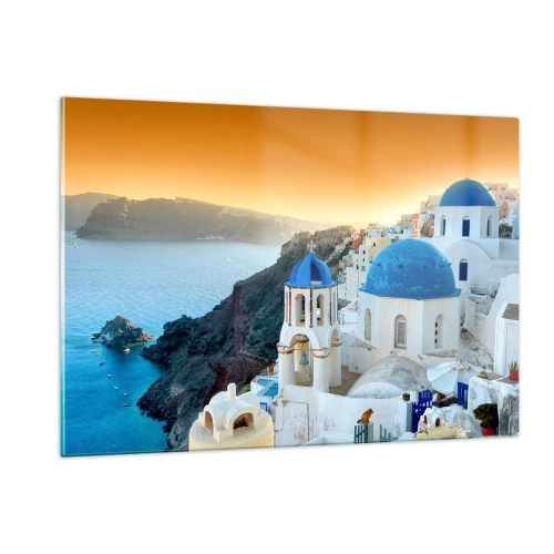 Glastavla - Bild på glas - Santorini - inbäddat i berg - 120x80 cm