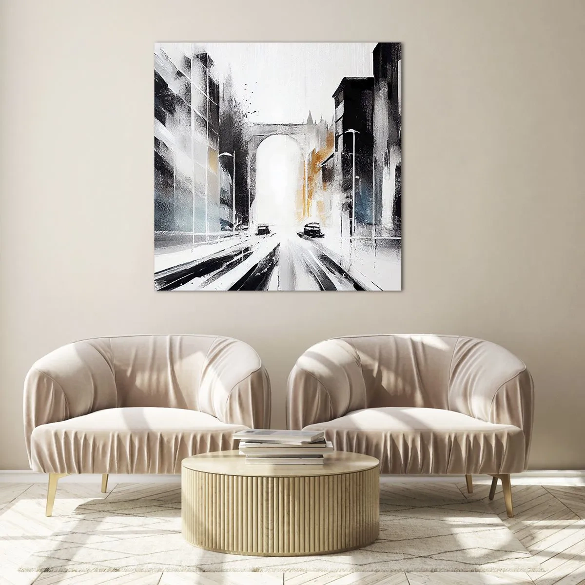 Glastavla - Bild på glas - Stadsstudie: arkitektur och rörelse - 50x50 cm