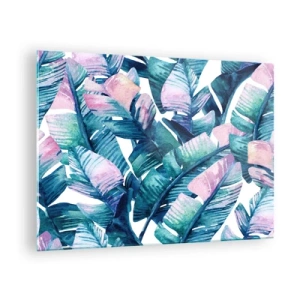 Glastavla - Bild på glas - Bananblad i pastellfärger på vit bakgrund - 70x50cm - I bananträdgård - Modern väggdekoration för vardagsrum och sovrum ARTTOR