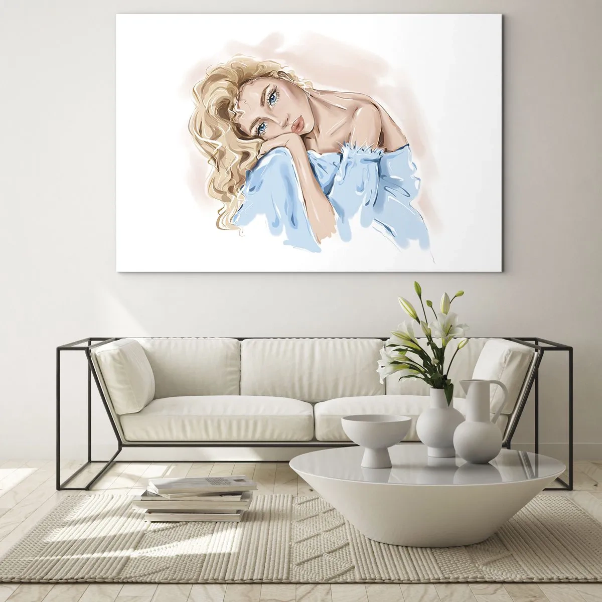 Glastavla - Bild på glas - Porträtt av en blondin i en blå klänning med en eftertänksam blick - 70x50cm - Drömmande i blått - Modern väggdekoration för vardagsrum och sovrum ARTTOR
