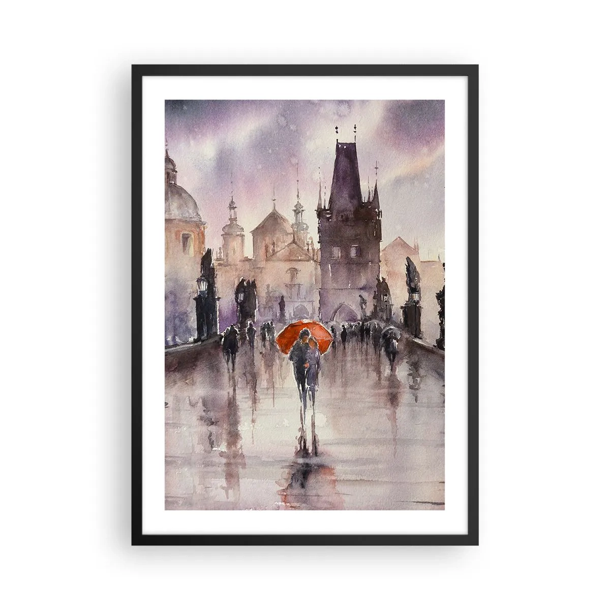 Affisch i svart ram - En romantisk promenad på bron en regnig dag - 50x70cm - Människor förändras inte - Modern väggdekoration för vardagsrum och sovrum ARTTOR