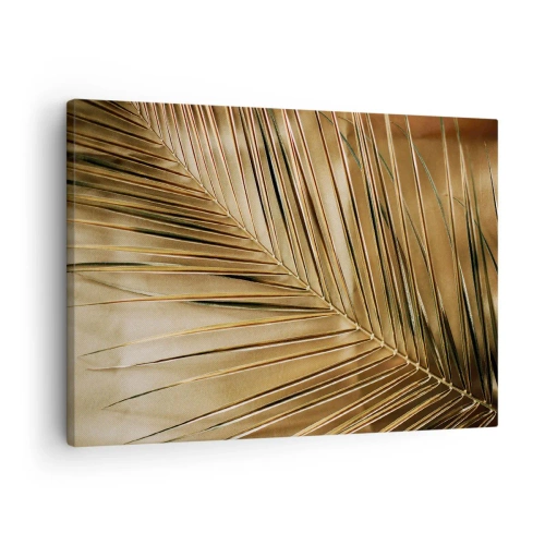 Canvastavla - Bild på duk - Gyllene palmblad på en solid bakgrund - 70x50cm - Naturlig pelargång - Modern väggdekoration för vardagsrum och sovrum ARTTOR