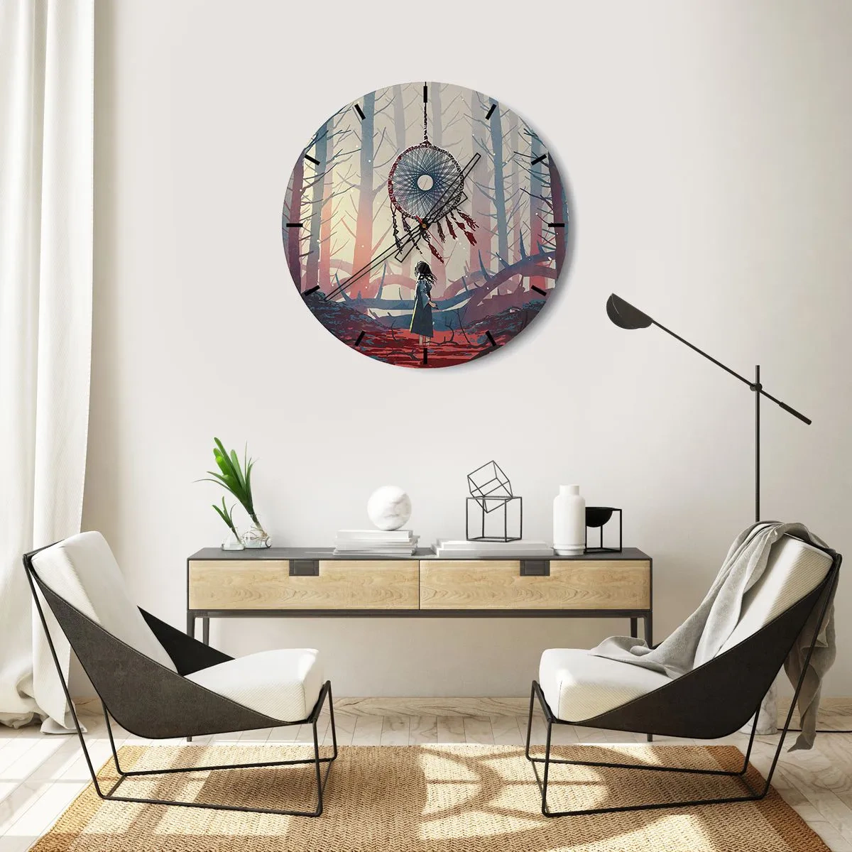 Väggklocka - Klocka på glas - En figur i skogen som tittar på en drömfångare i ett mystiskt ljus. - 30x30cm - Hemlighetsfull ritual av lyckan - Modern väggdekoration för vardagsrum, kök och sovrum ARTTOR