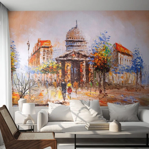 Fototapet Standard Eco - Impressionistiskt panorama över staden med kupolen och människorna - 100x70cm - Promenad i Paris - Modern väggdekoration för vardagsrum och sovrum ARTTOR