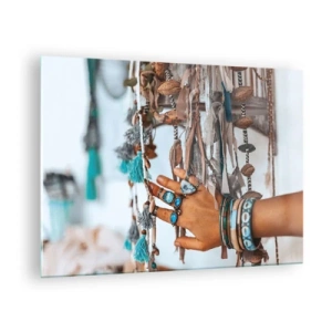 Glastavla - Bild på glas - Hand med boho smycken som rör etnisk dekoration - 70x50cm - Lokala skatter - Modern väggdekoration för vardagsrum och sovrum ARTTOR