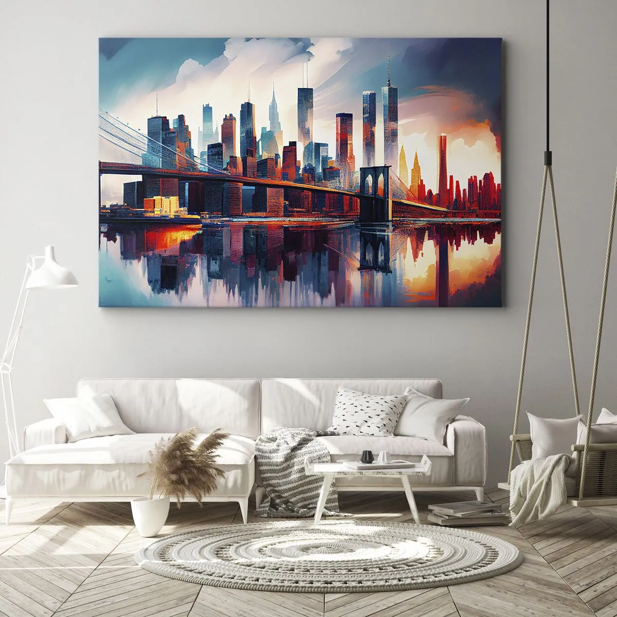 Canvastavla - Bild på duk - New York City-panorama med bro och reflektion i vatten - 70x50cm - Fenomenala New York - Modern väggdekoration för vardagsrum och sovrum ARTTOR