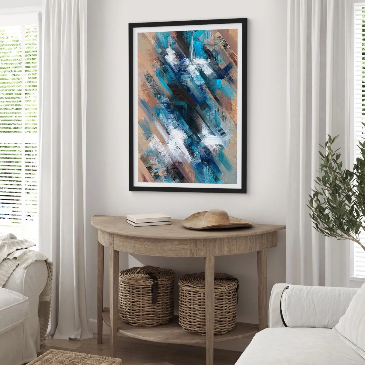 Affisch i svart ram - En abstrakt komposition med diagonala linjer i nyanser av blått. - 50x70cm - På en blå sluttning - Modern väggdekoration för vardagsrum och sovrum ARTTOR