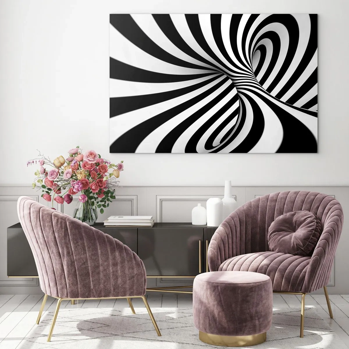 Glastavla - Bild på glas - En svartvit spiral som skapar en dynamisk rumslig effekt. - 70x50cm - Komposition: dansande rum - Modern väggdekoration för vardagsrum och sovrum ARTTOR