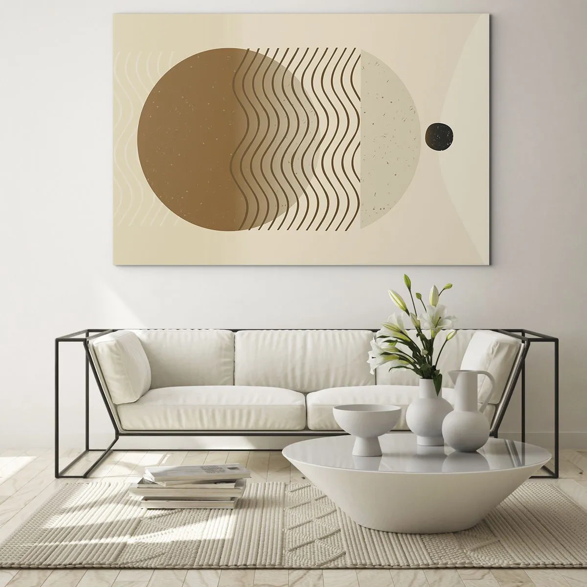 Glastavla - Bild på glas - Geometrisk komposition med vågor och cirklar i beige färger - 70x50cm - Om geometriska figurers ursprung - Modern väggdekoration för vardagsrum och sovrum ARTTOR