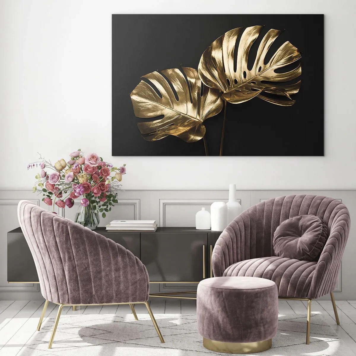 Glastavla - Bild på glas - Gyllene monsterablad på svart bakgrund - 70x50cm - Naturens skatter - Modern väggdekoration för vardagsrum och sovrum ARTTOR