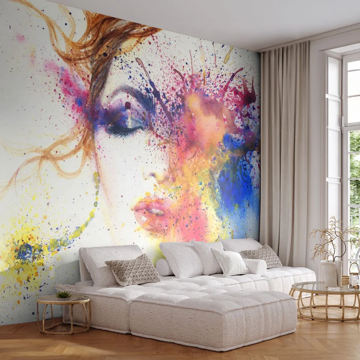 Fototapet Standard Eco - Porträtt av en kvinna i akvarellfärger - 100x70cm - Regnbågsyrsel - Modern väggdekoration för vardagsrum och sovrum ARTTOR