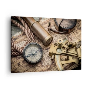 Canvastavla - Bild på duk - En kompass, sextant och teleskop mot bakgrund av en gammal karta och ett nautiskt rep. - 70x50cm - Sätt ut kursen - Modern väggdekoration för vardagsrum och sovrum ARTTOR