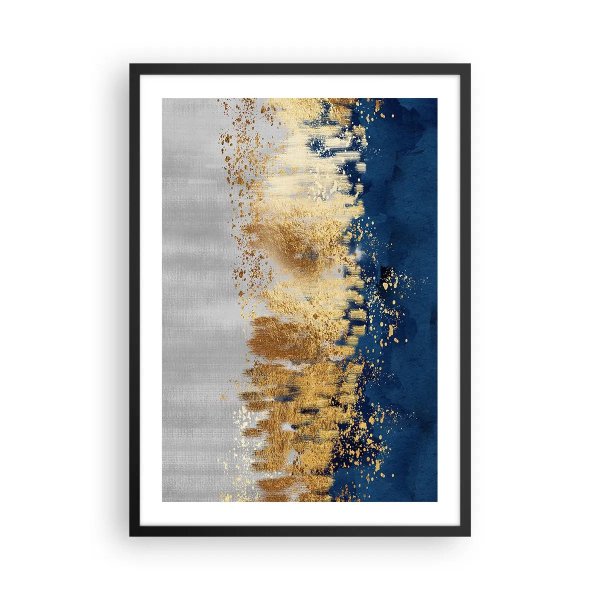 Affisch i svart ram - En abstrakt komposition i nyanser av marinblått, guld och silver - 50x70cm - Modern komposition med blixt - Modern väggdekoration för vardagsrum och sovrum ARTTOR