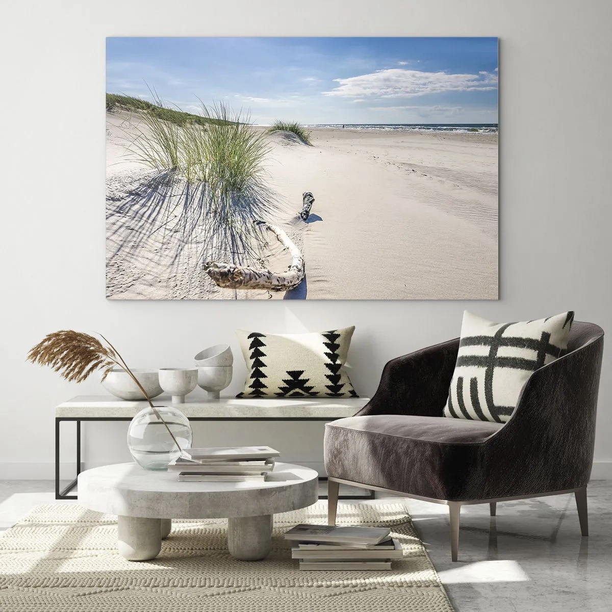 Glastavla - Bild på glas - En solig strand med sanddyner och sjögräs - 70x50cm - Vackrast? Östersjöstrand - Modern väggdekoration för vardagsrum och sovrum ARTTOR