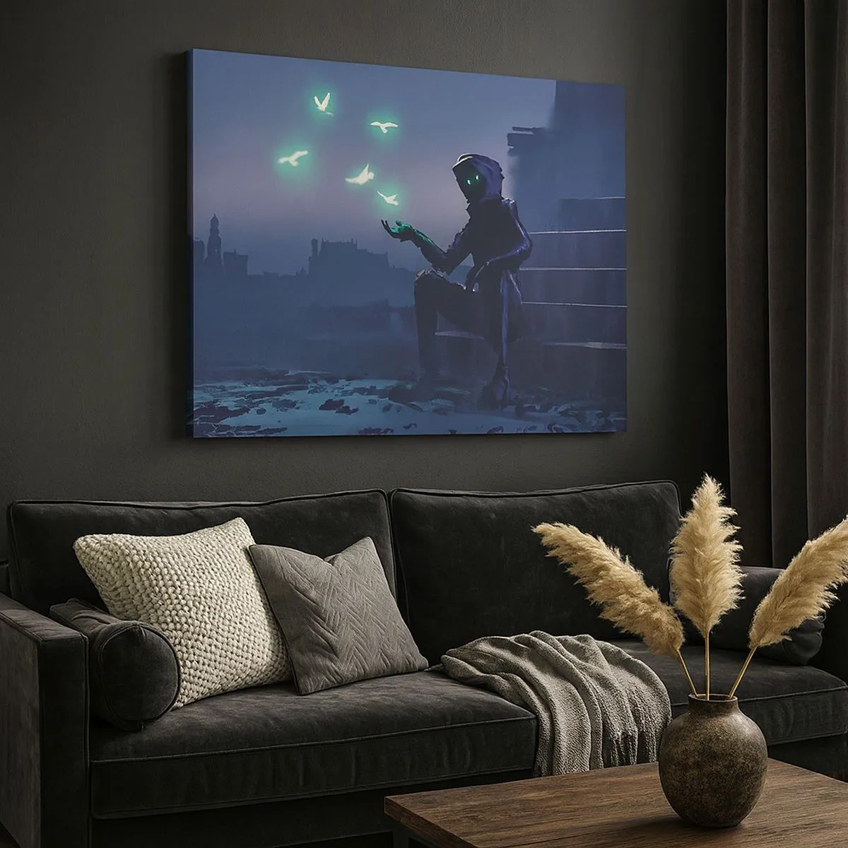 Canvastavla - Bild på duk - En figur med huva och magiska fåglar i bakgrunden av en stad - 70x50cm - Livet kommer tillbaka - Modern väggdekoration för vardagsrum och sovrum ARTTOR