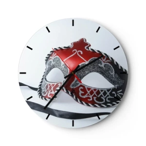 Väggklocka - Klocka på glas - Karnevalmask i nyanser av rött och svart - 30x30cm - Inbjudan till bal - Modern väggdekoration för vardagsrum, kök och sovrum ARTTOR
