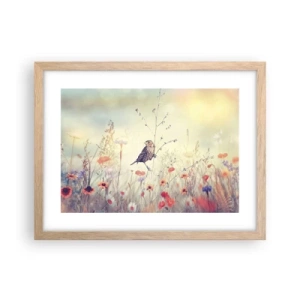 Affisch i ram av ljusek - Fågelporträtt med en äng i bakgrunden - 40x30 cm
