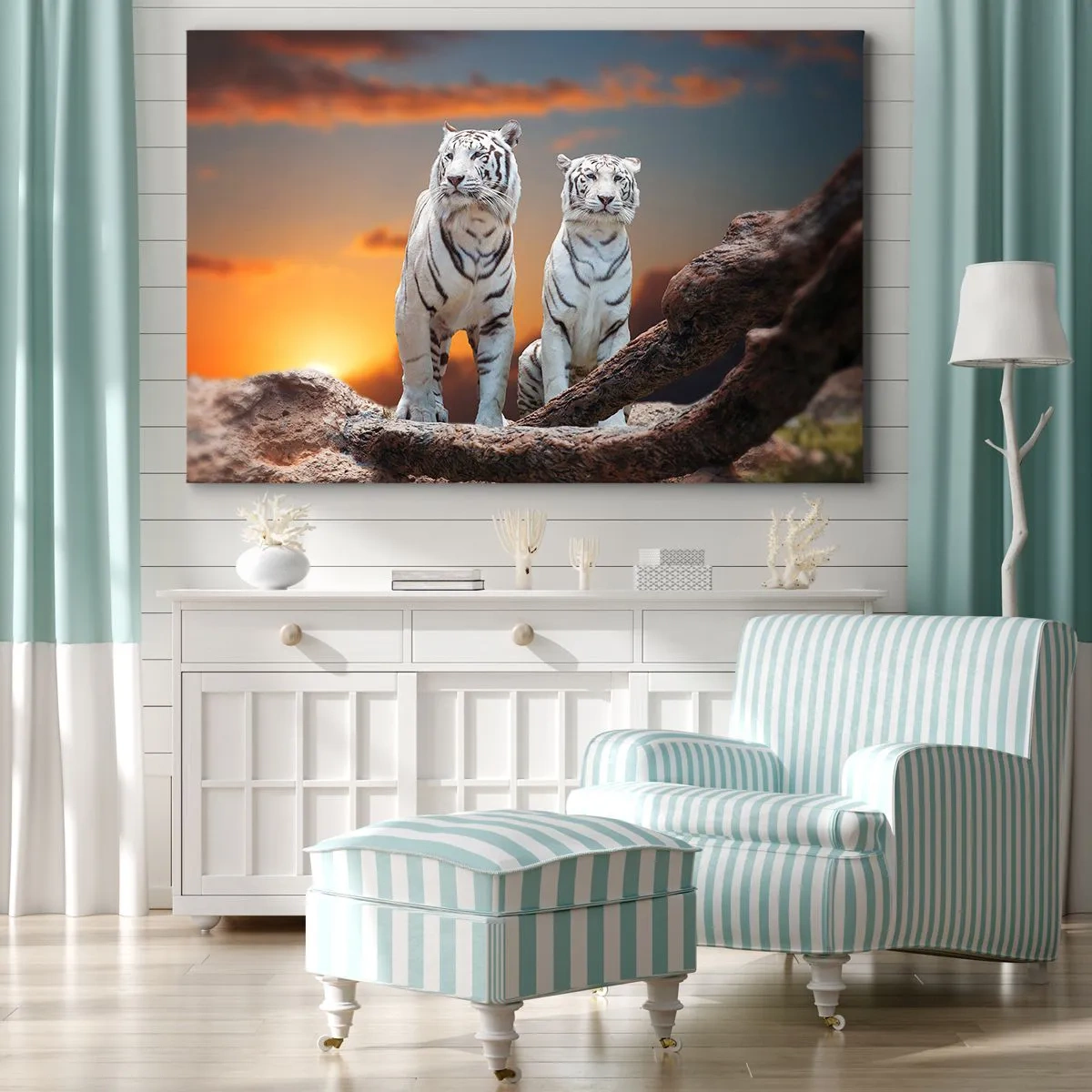 Canvastavla - Bild på duk - Vita tigrar i solnedgången mot bakgrund av naturen - 70x50cm - Helt som i Narnia - Modern väggdekoration för vardagsrum och sovrum ARTTOR
