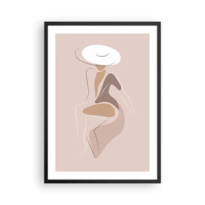 Affisch i svart ram - En minimalistisk bild av en kvinna i hatt mot en beige bakgrund. - 50x70cm - Att vara dam - Modern väggdekoration för vardagsrum och sovrum ARTTOR