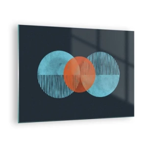 Glastavla - Bild på glas - Färgade cirklar med vertikala linjer på en mörk bakgrund - 70x50cm - Symmetrisk komposition - Modern väggdekoration för vardagsrum och sovrum ARTTOR