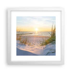 Affisch i vit ram - Havets brus, fågelsång, tom strand bland träden - 30x30 cm