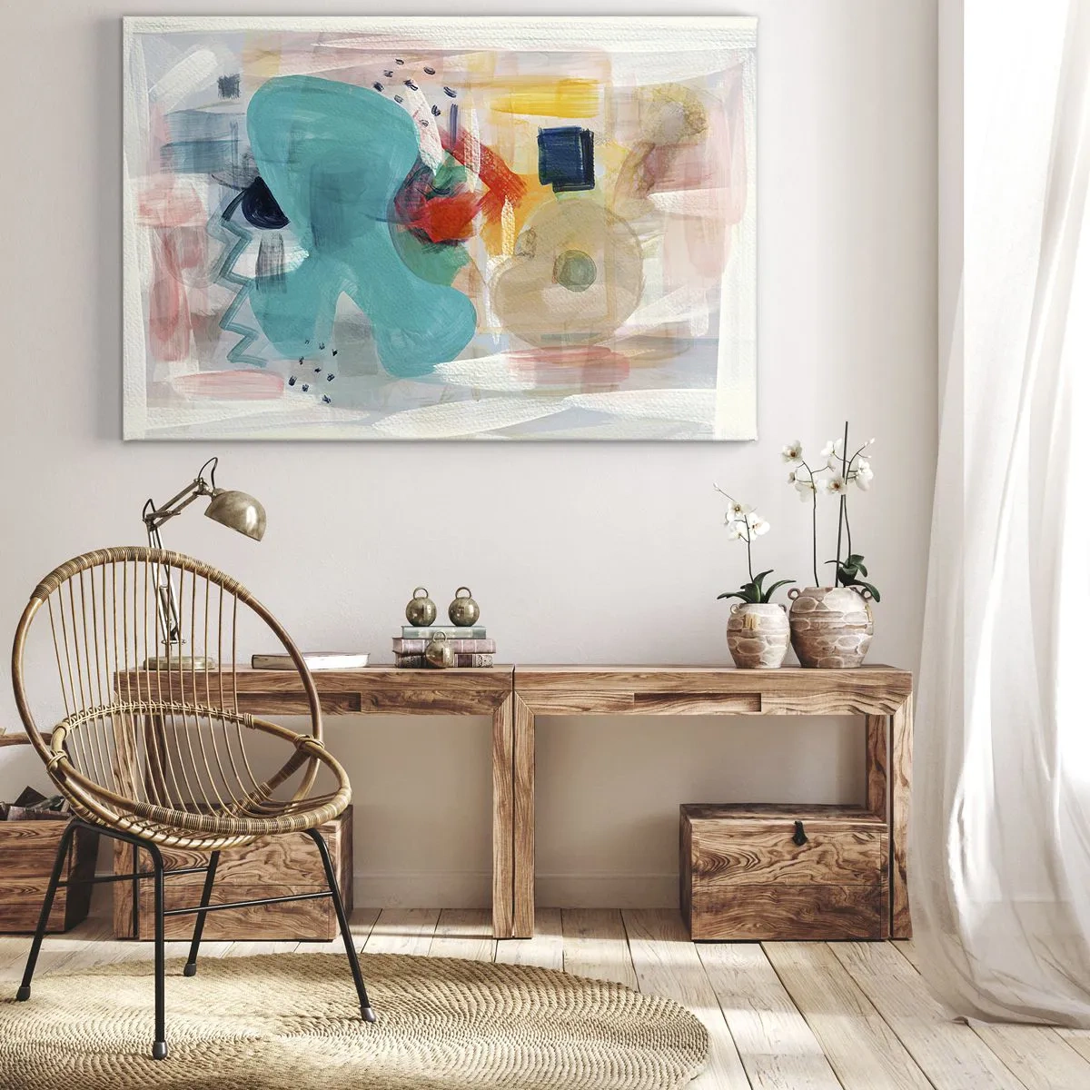 Canvastavla - Bild på duk - Abstrakta former och färger skapar en dynamisk komposition - 70x50cm - Ett färgglatt spel - Modern väggdekoration för vardagsrum och sovrum ARTTOR