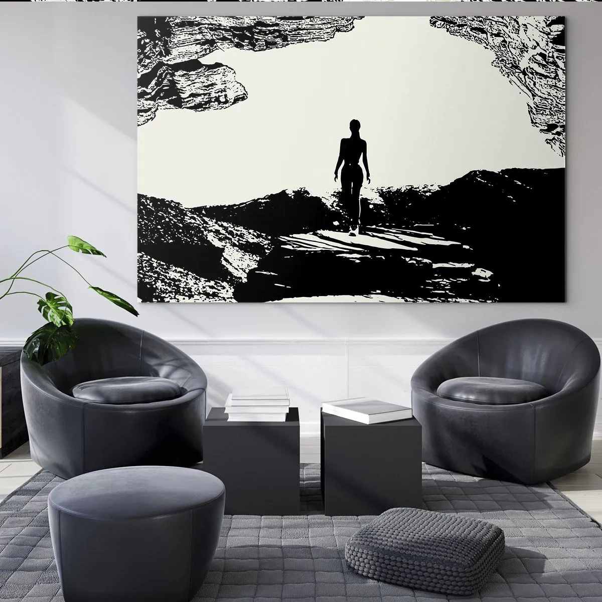 Glastavla - Bild på glas - Silhuett av en kvinna som kommer ut ur en grotta i svartvit grafik - 70x50cm - En ny blick - Modern väggdekoration för vardagsrum och sovrum ARTTOR