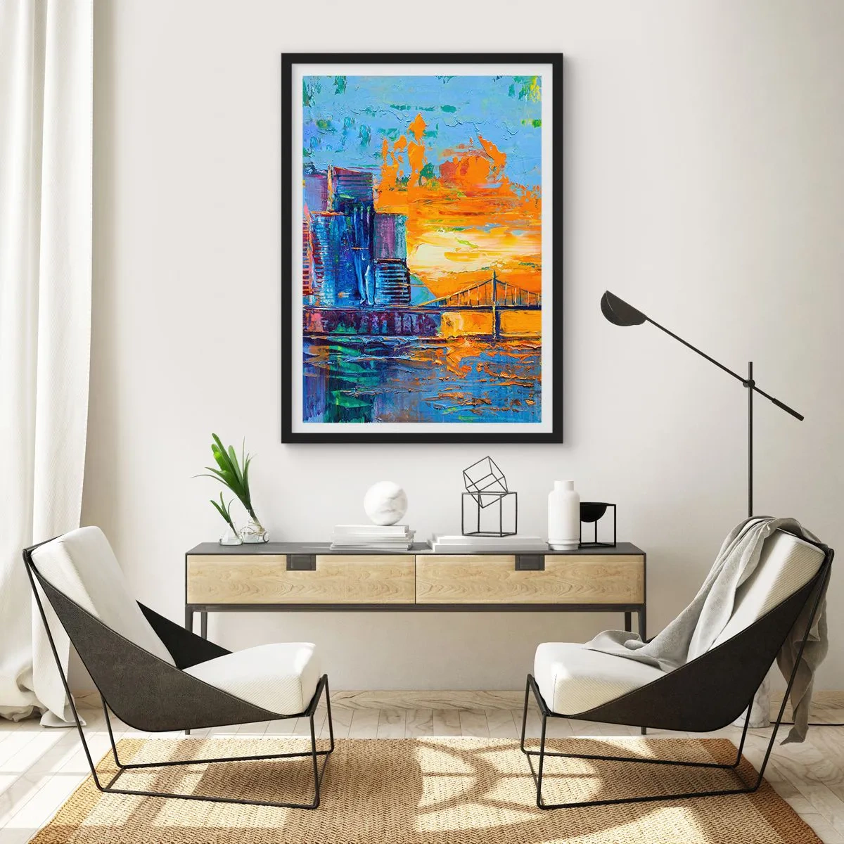 Affisch i svart ram - En färgglad bro och staden i skenet av den nedgående solen - 50x70cm - Kultur och natur - Modern väggdekoration för vardagsrum och sovrum ARTTOR