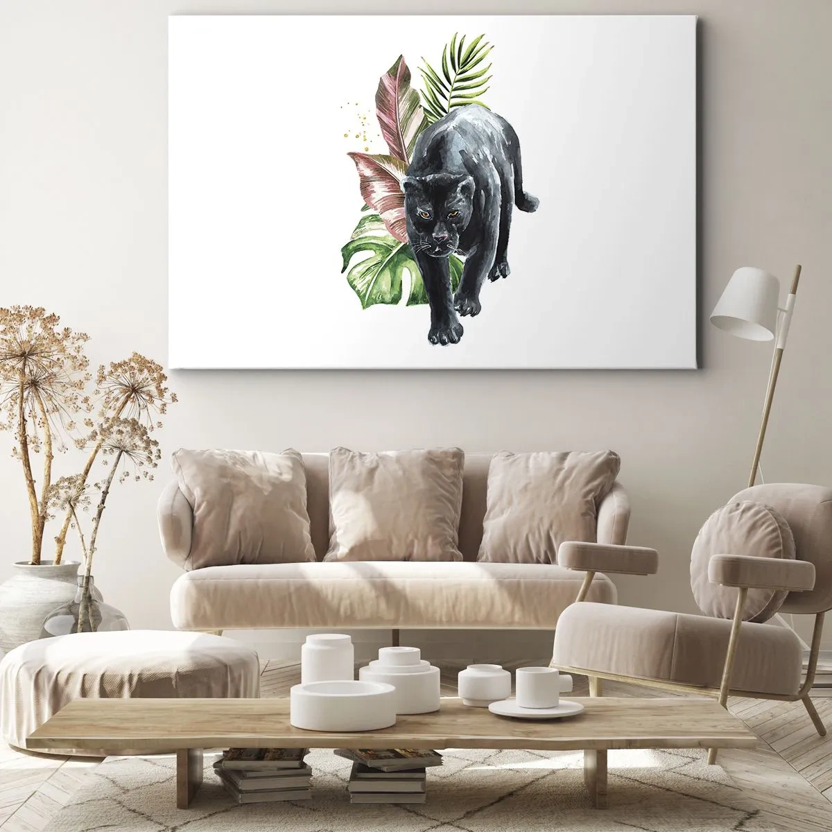 Canvastavla - Bild på duk - Svart panter omgiven av tropiska löv - 70x50cm - Vilt hjärta - Modern väggdekoration för vardagsrum och sovrum ARTTOR